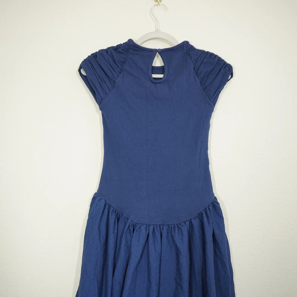 Free People XS Midi Dress Navy Blue Pleated Cap Sleeve Drop Waist Casual Daytime